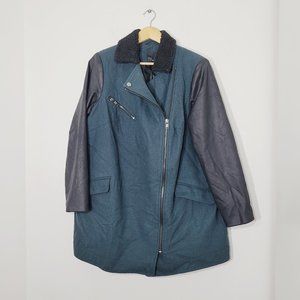 Asos Curve Faux Leather Zip Moto Jacket Wool Blend Coat Black Teal Plus Size 16